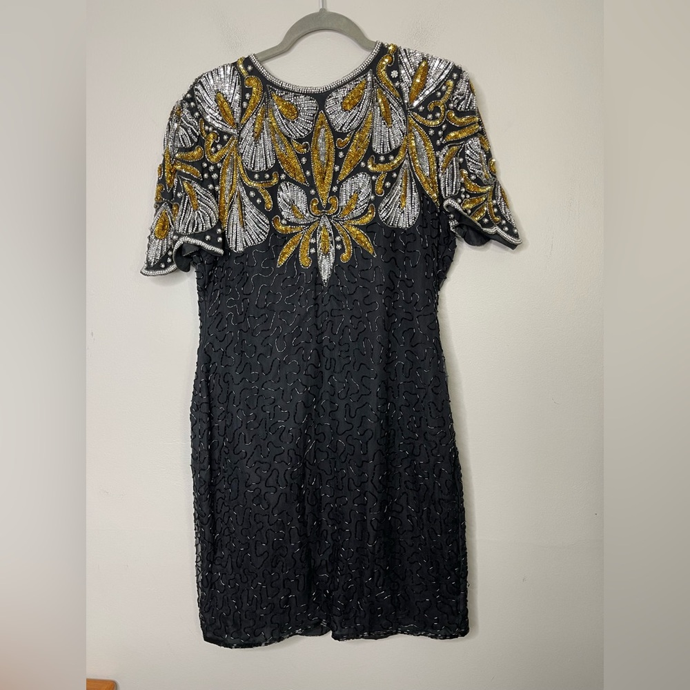Vintage Laurence Kazar Dynasty Silk Beaded sequin cocktail dress XL Flapper